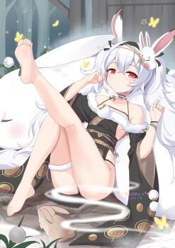 1girl :o animal animal_ears azur_lane bare_legs barefoot black_kimono blush bracelet breasts brown_rabbit bug butterfly chinese_commentary closed_eyes commentary_request crossed_bangs cup dated feet fingernails full_body fur-trimmed_kimono fur_thigh_strap fur_trim hand_up highres insect japanese_clothes jewelry kimono kneepits laffey_(azur_lane) laffey_ii_(azur_lane) laffey_ii_(lady_laffey's_languid_tour)_(azur_lane) leaf leaf_print leg_up legs lens_flare long_hair looking_at_viewer lying_on_animal mask mask_on_head messy_hair official_alternate_costume oversized_animal parted_lips plant pom_pom_(clothes) rabbit rabbit_ears rabbit_mask rabbit_ornament red_eyes sakazuki sash side_slit signature sitting small_breasts soles solo steam stone_floor toes tree twintails very_long_hair white_hair white_rabbit_(animal) wide_sleeves xiao_shi_lullaby