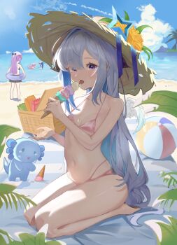absurdres amane_kanata angel_wings artist_request axolotl beach bikini food hat highres hololive hoshimachi_suisei ice_cream kneeling licking_ice_cream long_hair michimichi20121 minato_aqua multicolored_hair pink_bikini purple_eyes straw_hat swimsuit tokoyami_towa two-tone_hair upao_(amane_kanata) virtual_youtuber wings