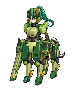 Rule 34 | 1girl, android, armor, artist request, centaur, dem centaur set, emil chronicle online, green armor, green hair, green helmet, gun, helmet, highres, holding, holding gun, holding weapon, mechanical arms, mechanical hands, mechanical legs, official art, ponytail, solo, taur, weapon, white background, yellow eyes