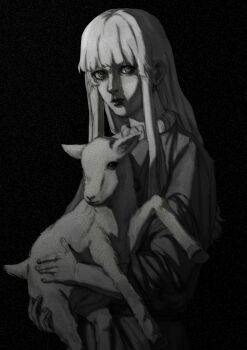 1306401359 1boy absurdres animal baby_animal behelit berserk closed_mouth commentary commentary_request contemporary greyscale griffith_(berserk) highres holding holding_animal jewelry lamb long_hair looking_at_viewer male_focus monochrome necklace sheep solo wavy_hair white_hair