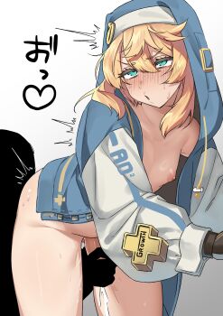 1boy 1other absurdres androgyne_symbol androgynous blonde_hair blush bridget_(guilty_gear) cum ejaculation female_focus green_eyes guilty_gear guilty_gear_strive handjob highres hood hood_up hooded_jacket jacket mars_symbol medium_hair medium_penis naked_jacket omiyacha penis solo_focus