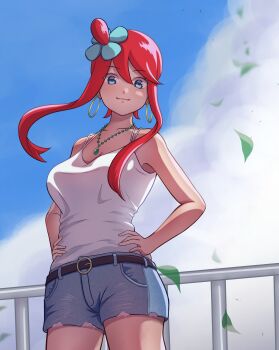 1girl absurdres alternate_costume belt blue_eyes closed_mouth cloud commentary_request day earrings falling_leaves fence hair_between_eyes hair_ornament hands_on_own_hips highres hoop_earrings jewelry leaf looking_at_viewer looking_down necklace nintendo one_side_up outdoors pokemon pokemon_bw red_hair satakuro_nikuru shirt short_hair_with_long_locks shorts sidelocks sky skyla_(pokemon) sleeveless sleeveless_shirt smile solo