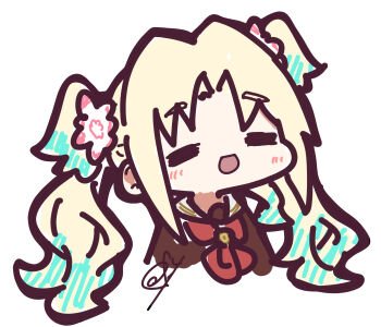 1girl :d =_= aqua_hair blonde_hair blush chibi chibi_only closed_eyes colored_tips curtained_hair dress hasu_no_sora_school_uniform highres link!_like!_love_live! love_live! multicolored_hair neckerchief oofushi_ao open_mouth osawa_rurino parted_bangs red_neckerchief sailor_collar sailor_dress school_uniform signature smile solo virtual_youtuber white_sailor_collar