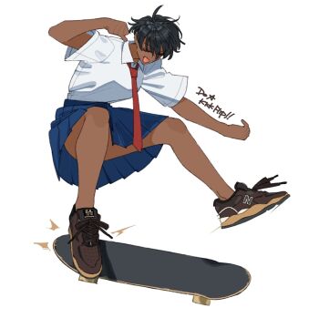 billyonthestraw black_hair blue_skirt dark-skinned_female dark_skin english_text highres kickflip necktie new_balance original product_placement red_necktie saki_satami_(billyonthestraw) school_uniform shirt shoes skateboard skirt sneakers white_shirt