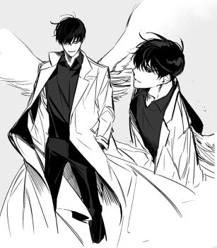 1boy black_hair black_shirt coat collared_shirt feathered_wings feet_out_of_frame hands_in_pockets hinizana kim_dokja male_focus omniscient_reader&#039;s_viewpoint shirt short_hair solo standing white_coat wings