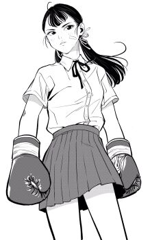 1girl bandaid bandaid_on_cheek bandaid_on_face boxing_gloves breasts commentary_request cowboy_shot greyscale hair_ribbon highres lee_(dragon_garou) long_hair low_twintails miniskirt monochrome neck_ribbon original parted_lips pleated_skirt ribbon school_uniform serious skirt small_breasts solo twintails