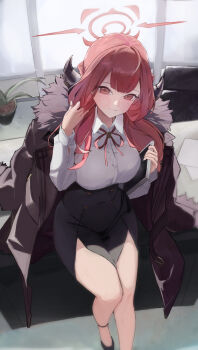1girl aru_(blue_archive) black_jacket black_shoes black_skirt blue_archive blush breasts closed_mouth demon_girl demon_horns fur_collar halo hand_in_own_hair highres horns jacket jacket_on_shoulders large_breasts lemon.o.zi long_hair looking_at_viewer pink_halo red_eyes red_hair red_ribbon ribbon shirt shoes side_slit skirt smile solo white_shirt