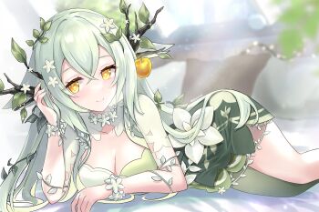 1girl absurdres apple arm_rest arm_vines bed bed_sheet blurry blurry_background blush breasts cleavage closed_mouth commentary covered_collarbone crossed_bangs depth_of_field dress dress_flower english_commentary flower flower-shaped_pupils food fruit golden_apple green_dress green_hair green_pantyhose hair_between_eyes hair_branch hair_flower hair_ornament hand_in_own_hair highres indoors kkz_(kkzirius) leaf_hair_ornament long_hair looking_at_viewer lying medium_breasts mycara_melony on_bed on_side pantyhose pixela_project plant short_sleeves sidelocks single_leg_pantyhose smile solo symbol-shaped_pupils thighs very_long_hair vines virtual_youtuber yellow_eyes