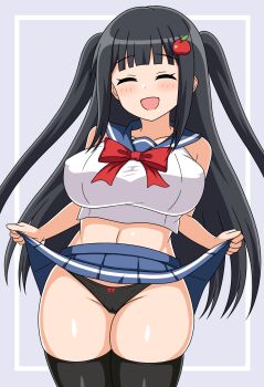 1girl absurdres apple_hair_ornament arm_up bare_arms black_panties black_thighhighs blue_skirt blunt_bangs blush breasts cameltoe closed_eyes clothes_lift collarbone commentary_request food-themed_hair_ornament grey_background hair_ornament happy highres large_breasts lifting_own_clothes long_hair navel open_mouth original panties pleated_skirt school_uniform shirt simple_background skirt skirt_lift sleeveless sleeveless_shirt solo tankuro_uri thighhighs two_side_up underwear variant_set white_background white_shirt