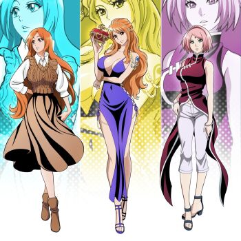 3girls bare_shoulders bleach bleach:_jigoku-hen breasts brown_eyes closed_mouth collarbone commission crown dress forehead_jewel full_body hand_on_own_hip haruno_sakura high_heels holding holding_crown inoue_orihime large_breasts long_hair medium_hair multiple_girls nami_(one_piece) naruto_(series) naruto_shippuuden one_piece orange_eyes orange_hair pants pink_hair rozuberry shoes shoulder_tattoo skirt tattoo