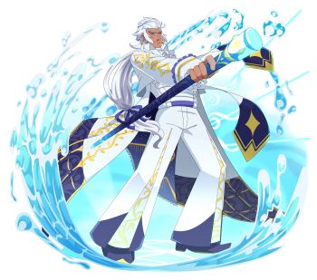 Rule 34 | 1boy, absurdres, aquiline nose, blue eyes, blue footwear, catovyen, classicaloid, commentary, dark-skinned male, dark skin, english commentary, facial hair, foreshortening, full body, highres, holding, holding staff, johann sebastian bach (classicaloid), leaning back, long hair, male focus, mature male, mustache, nose, pants, ponytail, solo, staff, transparent background, very long hair, water drop, white pants