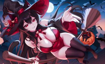 1girl animal_ears bare_shoulders black_cat black_hair black_hat black_thighhighs blurry blurry_background bow bowtie breasts broom cat cat_ears cat_girl cat_tail cleavage commentary covered_navel detached_sleeves ears_through_headwear english_commentary full_moon grin hair_between_eyes halloween halloween_bucket hat heart highleg highleg_leotard highres kiyochii lanfear large_breasts leotard long_hair looking_at_viewer moon nail_polish night outdoors outstretched_arm red_eyes red_leotard red_nails smile solo strapless strapless_leotard tail thighhighs thighs very_long_hair vrchat wide_sleeves witch_hat