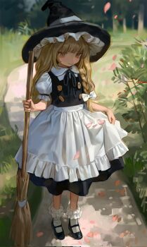 1girl apron black_footwear black_ribbon blonde_hair bow braid broom cherry_blossoms dress frills hair_bow hat highres holding holding_broom kirisame_marisa kofi-mo long_hair path plant ribbon road side_braid single_braid smile socks solo touhou tree waist_apron white_bow white_socks witch_hat yellow_eyes