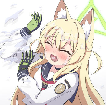 1girl :d ^_^ animal_ear_fluff animal_ears black_choker black_gloves black_sailor_collar blonde_hair blue_archive blush choker closed_eyes collarbone commentary fox_ears fox_girl gloves green_gloves green_halo hair_between_eyes halo hands_up happy highres kotowa kurumi_(blue_archive) long_hair long_sleeves neckerchief necktie open_mouth red_neckerchief red_necktie sailor_collar school_uniform serafuku shirt sidelocks simple_background smile solo splashing triangle_halo two-sided_gloves two_side_up upper_body very_long_hair water wet wet_hair white_background white_shirt