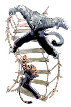 1boy 1girl abs absurdres animal_ears animal_nose body_fur brown_fur chest_fur claws colored_sclera fangs furry furry_female furry_male grey_fur highres kung_fu kung_fu_panda leopard_boy leopard_ears multicolored_fur muscular muscular_male orange_eyes orange_fur pants pectorals rygge smile snout snow_leopard snow_leopard_boy snow_leopard_ears snow_leopard_tail spiked_cuffs spotted_fur striped_fur striped_tail tai_lung tail tiger_ears tiger_girl tiger_tail tigress_(kung_fu_panda) topless_male whiskers white_fur yellow_sclera