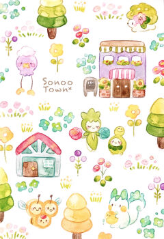 absurdres budew building colored_pencil_(medium) combee commentary_request drifloon flower gen_3_pokemon gen_4_pokemon highres house legendary_pokemon location_name mythical_pokemon nintendo pachirisu painting_(medium) pokemon pokemon_dppt roselia_(pokemon) shaymin smile traditional_media tree watercolor_(medium) yukichi_0611