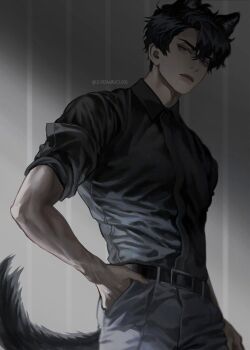 1boy animal_ears belt black_eyes black_hair black_shirt blackbox_(blackbox9158) collared_shirt cowboy_shot hand_in_pocket hand_on_own_hip highres looking_at_viewer male_focus omniscient_reader&#039;s_viewpoint serious shirt shirt_tucked_in short_hair sleeves_rolled_up solo tail toned toned_male wolf_ears wolf_tail yoo_joonghyuk