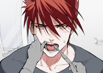 2boys alternate_costume annoyed artist_name bathroom blurry blurry_background blush brushing_another's_teeth brushing_teeth casual collarbone couple depth_of_field door embarrassed eyes_visible_through_hair facing_viewer finger_in_another's_mouth fingernails grey_eyes grey_shirt hair_between_eyes hand_on_another's_cheek hand_on_another's_face hands_up highres holding holding_toothbrush indoors long_sleeves looking_at_another looking_at_viewer male_focus male_saniwa_(touken_ranbu) multiple_boys ookanehira_(touken_ranbu) open_mouth out_of_frame out_of_frame_male partially_colored pov pov_hands red_hair saliva saliva_trail saniwa_(touken_ranbu) sexually_suggestive sexy_kaido shirt short_hair signature simple_background solo_focus spiked_hair sweat sweatdrop t-shirt teeth tongue toothbrush touken_ranbu twitter_username upper_body v-shaped_eyebrows yaoi