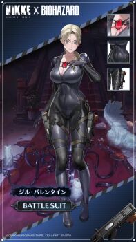 1girl alternate_costume animated audible_speech black_bodysuit black_boots blonde_hair blue_eyes bodysuit boots bouncing_breasts breasts chandelier cleavage collarbone crossover curvy dual_wielding firing goddess_of_victory:_nikke gun handgun highres holding holding_gun holding_weapon holster japanese_audio jill_valentine jill_valentine_(battle_suit)_(nikke) large_breasts long_hair looking_at_viewer official_art red_carpet resident_evil resident_evil_5 ryona skorpion_vz._61 solo sound stairs standing submachine_gun tagme thick_thighs thigh_holster thighs video weapon wide_hips