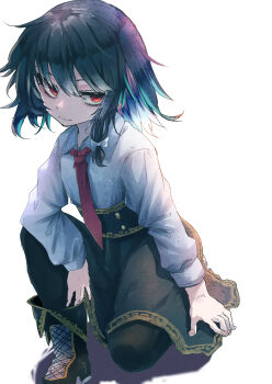 Rule 34 | 1girl, absurdres, alternate eye color, black boots, black hair, black pantyhose, black skirt, boots, bow, closed mouth, collar, hair bow, hand on ground, hand on own leg, highres, long sleeves, muraryo, necktie, no headwear, on one knee, orange eyes, pantyhose, shirt, short hair, simple background, skirt, sleeve cuffs, smile, solo, touhou, usami renko, white background, white bow, white collar, white shirt