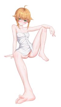 1girl absurdres ahoge anus arm_support bags_under_eyes bare_shoulders barefoot blonde_hair blush breasts chinese_commentary closed_mouth collarbone commentary_request elbow_rest expressionless eyebrows_hidden_by_hair feet foreshortening full_body green_eyes highres invisible_chair knee_up looking_at_viewer medium_hair mushoku_tensei naked_towel norn_greyrat pussy simple_background sitting small_breasts soles solo sweat toes towel uncensored user_skwc5555 variant_set white_background