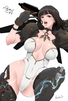 1girl black_eyes black_hair breasts bunny_(the_first_descendant) butcha-u cleavage highres huge_breasts large_breasts looking_at_viewer short_hair solo the_first_descendant v wide_hips