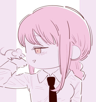 1girl braid braided_ponytail chainsaw_man chibi chibi_only collared_shirt deer60868637 limited_palette long_sleeves makima_(chainsaw_man) mouse_(animal) mouse_on_hand necktie pink_hair ringed_eyes shirt sidelocks solo yellow_eyes