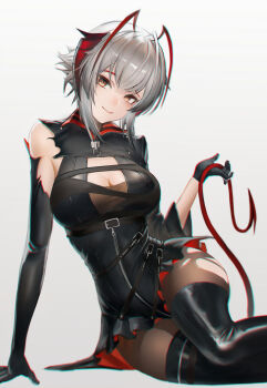 1girl absurdres antenna_hair arknights arm_support asymmetrical_gloves bare_shoulders bbgg_(pixiv_77795272) black_boots black_gloves boots breasts brown_pantyhose chinese_commentary chromatic_aberration cleavage commentary_request elbow_gloves gloves grey_background grey_hair highres large_breasts light_smile looking_at_viewer multicolored_hair pantyhose red_hair red_tail short_hair single_elbow_glove sitting solo streaked_hair tail thigh_boots torn_clothes torn_pantyhose uneven_gloves w_(arknights) yellow_eyes zipper zipper_pull_tab