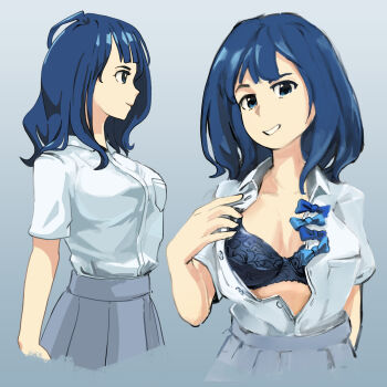 1girl ahoge blue_bow blue_bowtie blue_bra blue_eyes bow bowtie bra breasts clenched_hand collarbone collared_shirt commentary english_commentary green_skirt hand_up highres kaguh8 looking_at_viewer make_heroine_ga_oo_sugiru! medium_breasts medium_hair multiple_views open_clothes open_shirt pleated_skirt school_uniform shirt short_sleeves skirt summer_uniform tsuwabuki_high_school_uniform underwear upper_body white_shirt yanami_anna