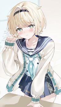 Rule 34 | 1girl, aqua cardigan, aqua eyes, aqua neckerchief, black hairband, blonde hair, blue sailor collar, blue skirt, blurry, blurry background, blush, bright pupils, buttons, cardigan, choppy bangs, collarbone, desk, double-breasted, hair flaps, hair intakes, hairband, hand on table, hand up, high-waist skirt, highres, hololive, kazama iroha, kazama iroha (school uniform), looking at viewer, neckerchief, official alternate costume, official alternate hair length, official alternate hairstyle, open cardigan, open clothes, parted lips, playing with own hair, pleated skirt, raised inner eyebrows, sailor collar, school desk, school uniform, serafuku, shirt, short hair, sidelocks, skirt, sleeves past wrists, solo, swept bangs, two-tone cardigan, virtual youtuber, wasemkn, white cardigan, white pupils, white shirt