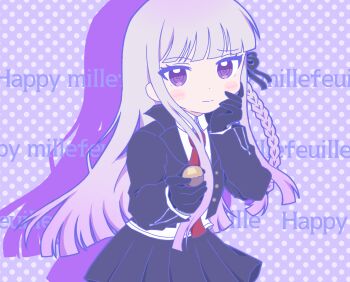 Rule 34 | 1girl, black gloves, black jacket, black ribbon, black skirt, blush, braid, collared shirt, commentary request, danganronpa: trigger happy havoc, danganronpa (series), derivative work, food, gloves, hair ribbon, hand up, happy mille-feuille (idolmaster), holding, holding food, idolmaster, jacket, kirigiri kyoko, long hair, long sleeves, looking at viewer, misa (usaginosakura), necktie, open clothes, open jacket, parody, pleated skirt, red necktie, ribbon, shirt, skirt, solo, white shirt