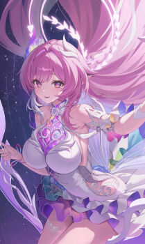 1girl absurdres armlet bare_shoulders breasts commentary cyrene_(demiurge)_(honkai:_star_rail) cyrene_(honkai:_star_rail) diamond-shaped_pupils diamond_(shape) dress floating_hair hair_intakes halo halo_behind_head highres honkai:_star_rail honkai_(series) jewelry large_breasts long_hair looking_at_viewer parted_lips pink_hair ryu_o smile solo symbol-shaped_pupils thighs white_dress