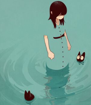 Rule 34 | 1girl, aqua coat, aqua theme, belt, belt buckle, buckle, buttons, clenched hand, closed eyes, coat, creature, highres, limited palette, long hair, looking down, original, partially submerged, solo, syooooyoooo, v-neck