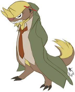 1other ace_attorney animal_focus arms_behind_back blonde_hair bottomless brown_necktie brown_shirt clearjello clothed_pokemon coat cosplay dick_gumshoe dick_gumshoe_(cosplay) dress_shirt facing_to_the_side gen_7_pokemon green_coat grimace gumshoos loose_necktie necktie nintendo open_clothes open_coat parody peacoat pencil pencil_behind_ear pokemon pokemon_(creature) pokemon_focus popped_collar sharp_teeth shirt signature solo teeth transparent_background untucked_shirt