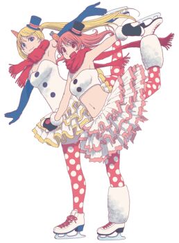 Rule 34 | 2girls, arm up, azuma kiyohiko, bandeau, blonde hair, blue eyes, blue gloves, bright pupils, carrot, elbow gloves, food, food on head, gloves, hat, ice skates, looking at viewer, mini hat, mini top hat, mittens, multiple girls, object on head, official art, pantyhose, pink eyes, pink hair, polka dot, polka dot legwear, reset (wonder festival), scarf, short hair, skates, skating, smile, snowman costume, strapless, thighhighs, top hat, wanda (wonder festival), wonder festival