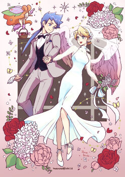 1boy 2girls :d absurdres bad_id bad_pixiv_id black_bow black_bowtie black_vest blue_eyes blue_hair bow bowtie breath_of_fire breath_of_fire_iv bridal_veil closed_mouth collared_shirt couple dated dress fairy_(breath_of_fire) flower formal_clothes full_body green_eyes grey_jacket grey_pants grey_suit hetero highres holding holding_flower holding_hands jacket long_hair looking_at_another maruno multiple_girls nina_(breath_of_fire_iv) open_mouth pants pink_flower pink_rose pink_wings ponytail red_flower red_rose rose ryu_(breath_of_fire_iv) shirt shoes short_hair smile suit veil vest waistcoat white_dress white_flower white_shirt white_shoes wings