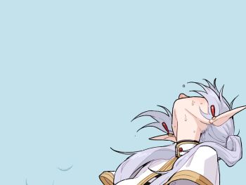 1girl asahina_yoshitoshi blue_background capelet earrings elf facing_up frieren from_below grey_hair head_back jewelry long_hair pointy_ears simple_background solo sousou_no_frieren tongue tongue_out upward_angle_frieren_drawing white_capelet