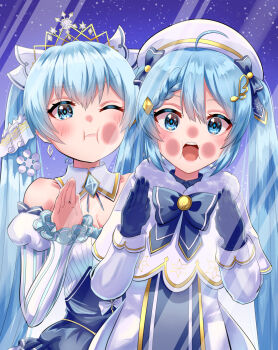 2girls :i absurdres against_fourth_wall ahoge bare_shoulders beamed_sixteenth_notes beret blue_bow blue_dress blue_eyes blue_gloves blue_hair blue_tabard bow bowtie braid brooch capelet cheek_press detached_collar detached_sleeves dress dual_persona earrings fortissimo frilled_sleeves frills fur-trimmed_capelet fur_trim glass gloves gold_trim hair_bow hair_ornament hairclip hands_up hat hatsune_miku highres jewelry light_blue_hair long_hair long_sleeves looking_at_viewer multiple_girls musical_note musical_note_hair_ornament night night_sky one_eye_closed princess puffy_detached_sleeves puffy_sleeves sky snowflake_hair_ornament snowflake_print snowing striped_sleeves tabard tatyaoekaki tiara treble_clef twintails upper_body very_long_hair vocaloid white_capelet white_dress white_headwear white_sleeves yuki_miku yuki_miku_(2019) yuki_miku_(2021)