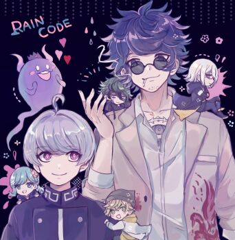 1girl 1other 4boys ahoge blonde_hair blue_eyes blue_hair blue_jacket chibi cigarette closed_mouth coat collared_shirt commentary_request copyright_name crown desuhiko_thunderbolt eye_contact eye_tattoo facial_hair flower fubuki_clockford full_body ghost glasses green_eyes green_hair grey_hair hair_between_eyes hair_flower hair_ornament halara_nightmare hand_up heart hood hood_down hooded_coat horns jacket looking_at_another looking_at_viewer male_focus master_detective_archives:_rain_code multicolored_hair multiple_boys open_mouth pink-framed_eyewear purple_eyes purple_hair round_eyewear shiina_kimagure shinigami_(ghost)_(rain_code) shinigami_(rain_code) shirt short_hair sitting smile streaked_hair stubble tattoo tinted_eyewear upper_body vivia_twilight white_shirt yakou_furio yuma_kokohead