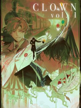 1boy acidiccandles balloon bird black_hair black_jacket black_pants black_shoes black_suit bowing carousel clown_mask coat cover cover_page crying curtained_hair english_text fake_cover ferris_wheel flower formal_clothes gloves grin half-closed_eyes highres holding holding_mask jacket klein_moretti lord_of_the_mysteries magic_trick male_focus mask multiple_boys multiple_views necktie pants shirt shoes short_hair smile streaming_tears suit tears train white_bird white_gloves white_shirt yellow_flower