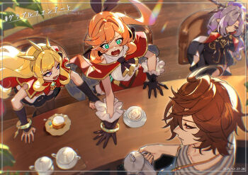 1boy 3girls apron bangle black_dress black_gloves blonde_hair blush border bow bowtie bracelet brown_hair cagliostro_(granblue_fantasy) cape capelet chair clarisse_(granblue_fantasy) coffee_pot copyright_name counter cup dated detached_sleeves dress gloves granblue_fantasy green_eyes grey_shirt hair_bow hair_intakes hairband indoors jewelry kogome_(azalea4) long_hair multiple_girls niyon_(granblue_fantasy) open_mouth orange_hair ponytail purple_eyes purple_hair red_eyes red_skirt sandalphon_(granblue_fantasy) saucer shirt short_hair sitting skirt standing striped_clothes striped_shirt thighhighs twitter_username white_shirt