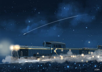 artist_name commentary_request night original outdoors sakurada_chihiro scenery shooting_star sky star_(sky) starry_sky train vehicle_focus
