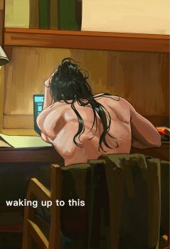1boy back black_hair commentary computer english_commentary from_behind getou_suguru hair_bun highres jujutsu_kaisen laptop long_hair male_focus meme short_hair sitting solo topless_male twitter_username umi_1332 waking_up_to_this_(meme)
