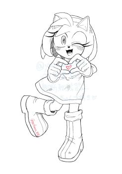 1girl amy_rose animal_ears animal_nose boots commentary dress furry furry_female greyscale heart heart_hands highres monochrome one_eye_closed solo sonic_(series) symbol-only_commentary white_background yailooon_816