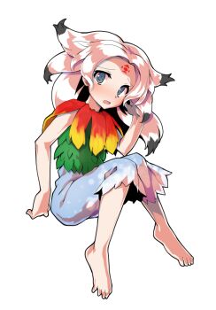 Rule 34 | 1girl, alphes (style), barefoot, black hair, blue eyes, blue skirt, blush, capelet, colored tips, commentary request, dairi, facial mark, feather capelet, feathers, flat chest, forehead, forehead mark, fossilized wonders, full body, gradient feathers, green leaf, hand up, houjuu chimi, large variant set, leaf clothing, leaf shirt, long hair, looking at viewer, multicolored hair, open mouth, parody, red feathers, shirt, simple background, skirt, sleeveless, sleeveless shirt, smile, solo, style parody, tachi-e, touhou, transparent background, variant set, white hair, yellow feathers