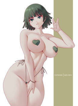 1girl absurdres bikini bikini_bottom_only breasts collarbone curvy fubuki_(one-punch_man) green_eyes green_hair gumroad_username hand_up heart_pasties highleg highleg_bikini highres large_breasts melowh micro_bikini navel one-punch_man parted_lips pasties patreon_username short_hair solo stomach swimsuit thick_thighs thighs topless_female watermark web_address wide_hips