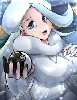 Rule 34 | 1girl, blue eyes, breasts, earrings, fur collar, fur hat, gloves, half-closed eyes, hand on own chest, hat, highres, holding, holding poke ball, jewelry, large breasts, long hair, long sleeves, mature female, melony (pokemon), multicolored hair, nintendo, open mouth, pearl earrings, plump, poke ball, pokemon, pokemon swsh, rito0512, single glove, smile, solo, streaked hair, sweater, ultra ball, ushanka, white hat, white sweater