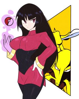 1girl absurdres alakazam black_hair bodysuit breasts commentary covered_navel gen_1_pokemon gloves hand_on_own_hip highres holding holding_spoon jeff_miga large_breasts long_hair nintendo pantyhose poke_ball poke_ball_(basic) pokemon pokemon_(creature) pokemon_frlg psychic red_eyes sabrina_(pokemon) spoon white_background white_gloves
