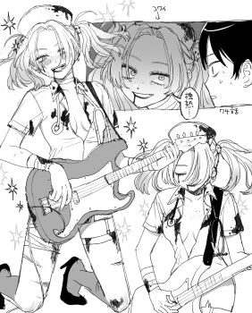 2girls :d bandaged_arm bandaged_leg bandaged_neck bandages bass_guitar blood blood_on_clothes blood_on_face body_freckles breasts chest_freckles closed_eyes collared_dress commentary dress earrings eye_contact eyelashes fake_blood freckles futsuu_no_keion-bu garter_straps greyscale guitar_strap hair_ornament halloween_costume hat high_heels highres instrument jewelry kneeling kouyama_rin looking_at_another monochrome multiple_girls multiple_views music no_bra nurse nurse_cap official_alternate_costume open_clothes open_dress open_mouth parted_bangs playing_bass_guitar playing_instrument scene_reference shoes short_dress short_sleeves skull_hair_ornament small_breasts smile speech_bubble stethoscope stethoscope_around_neck torn_clothes torn_dress tsuru_asaka twintails wayon154