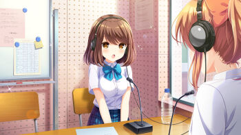 2girls :o blue_bow bow brown_eyes brown_hair cyberagent day dress_shirt girlfriend_(kari) indoors interview kneehighs long_hair multiple_girls official_art open_mouth plaid_clothes plaid_skirt qp:flapper recording sakurai_akane_(girlfriend_(kari)) school_uniform shiina_kokomi shirt sitting skirt socks
